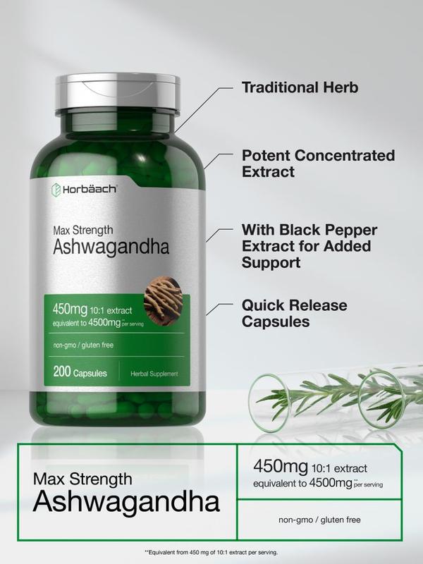 Horbäach Ashwagandha Supplement | Max Strength |  200 Capsules | For Women and Men | Non-GMO, Gluten Free