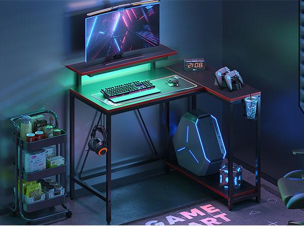 Pinmoco 42" Reversible L-Shaped Gaming Desk with Monitor Stand LED Lights & Headset Hooks for Home Office
