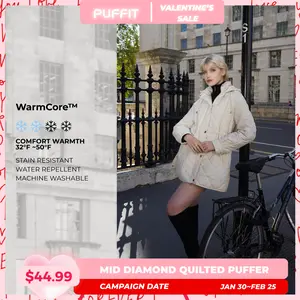 PUFFIT WarmCore Premium Mid-length Diamond Quilted Drawstring-waist PUFFER Style,Classic Diamond Pattern,Waist-cinching Lightweight Cotton Jacket,High-density Integrated Quilting Lightweight, Comfortable For Commuting, Stylish For Going Out