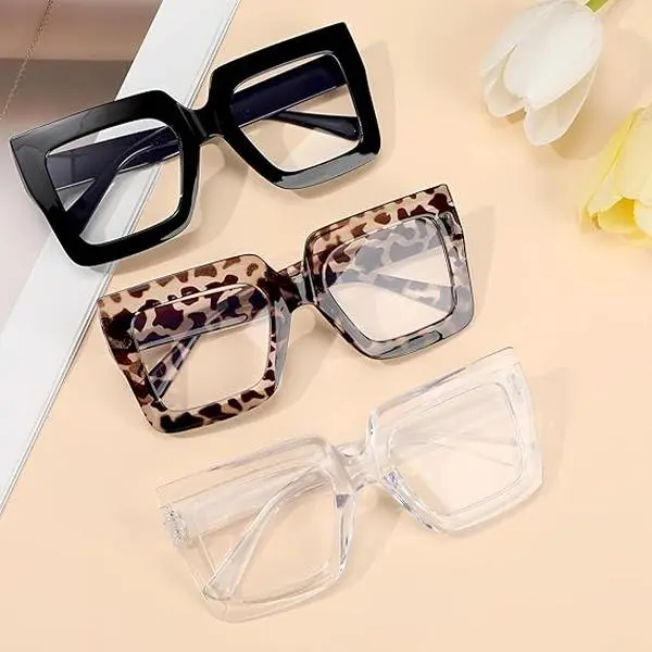 3 Pcs Oversized Blue Light Glasses for Women – Fashion Thick Square Computer TV Eyewear, Non‑Prescription Anti Eye Strain Glasses – Lightweight Wide Frame, UV Protection, Glare Reduction – Perfect for Reading, Gaming, Office, Home