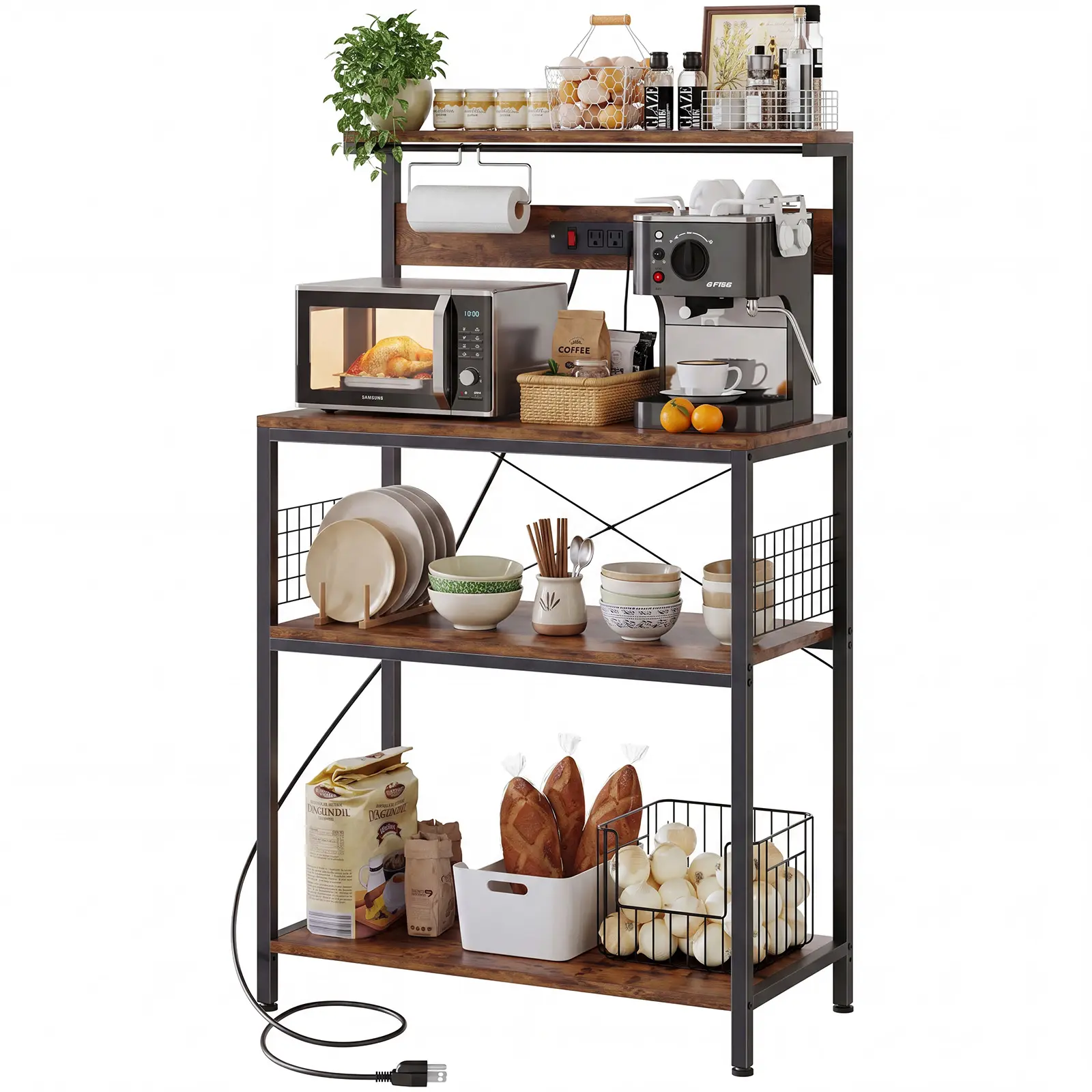 4-Tier Freestanding Kitchen Baker's Rack with Power Outlet - Kitchen Organization House Organizers with charge, Coffee Bar Station, Microwave Oven Stand, Adjustable Spices Shelves, Indoor Furniture Appliance Organizer