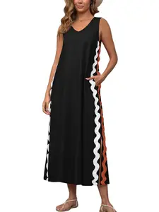 Ebossy Women's Summer Beach Boho Flowy Maxi Dress Casual Sleeveless V Neck Side Slit RIC Rac Tank Dress