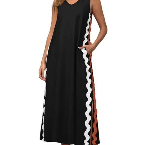Ebossy Women's Casual Boho A-Line Ankle Length Sleeveless V-Neck Ric Rac Trim Loose Flowy Dress - Breathable, Lightweight, Side Slit, Color-Sorted Wash, Machine Washable Easy Care Sundress for Summer Vacation