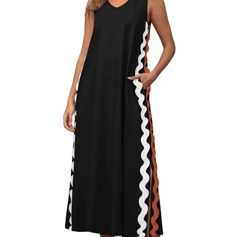 Ebossy Women's Casual Boho A-Line Ankle Length Sleeveless V-Neck Ric Rac Trim Loose Flowy Dress - Breathable, Lightweight, Side Slit, Color-Sorted Wash, Machine Washable Easy Care Sundress for Summer Vacation