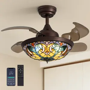 36" Tiffany Ceiling Fan with Lights Remote Control Dimmable with 4 Reverse Blades Retractable Chandelier for Bedroom, Living and Dining Room