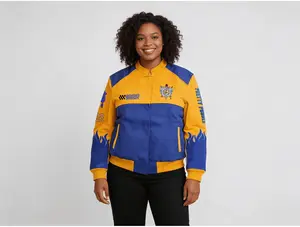 Sigma Gamma Rho Women's Varsity Bomber Jacket Gold Royal Blue Long Sleeve 100% Cotton Knit Embroidered Logo Flame Graphics