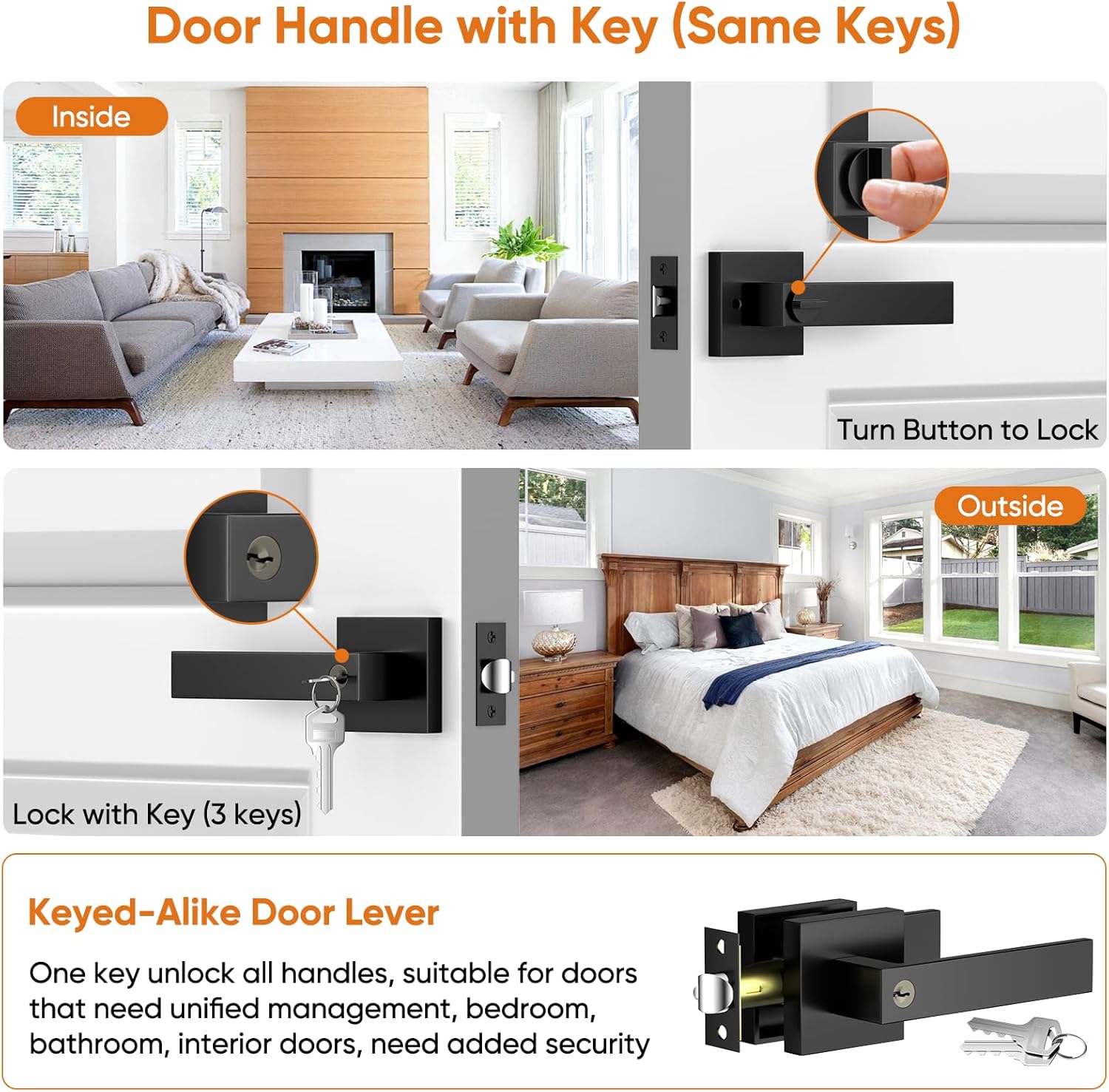 10-pack value Door Handles Interior, Door Knobs Interior, Black Door Handle with Reversible Lever, Keyed Alike Door Lock Sets for Bedroom, 10 Packs Heavy Duty Door Lock Sets, Matte Black