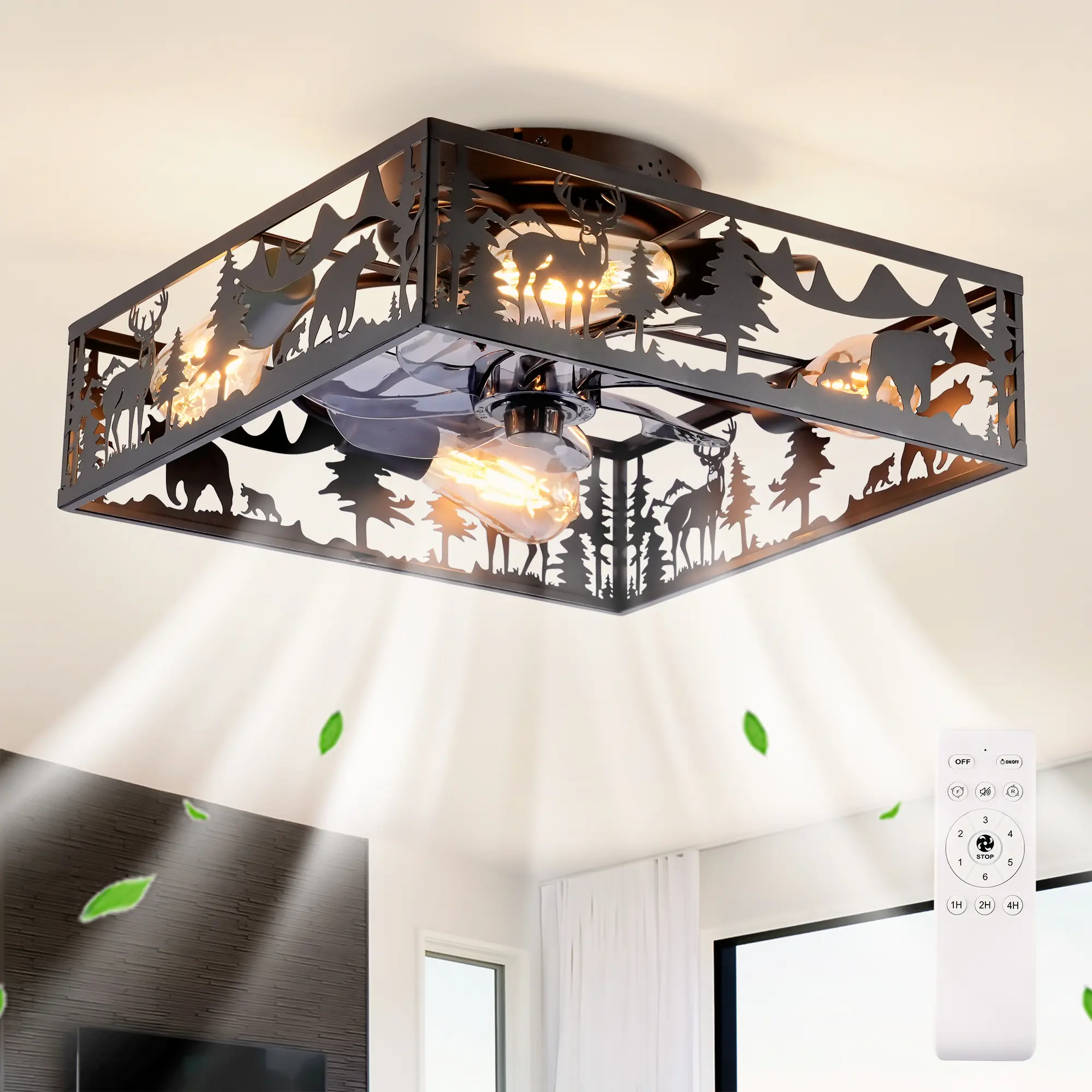 22.6in Square Cage Farmhouse Fandelier with Forest Cutouts, Remote Control, Lights & E26 Bulb Base, 6-Speed Reversible Quiet Low Profile Flush Mount Matte Black Ceiling Fan for Bedroom, Living Room