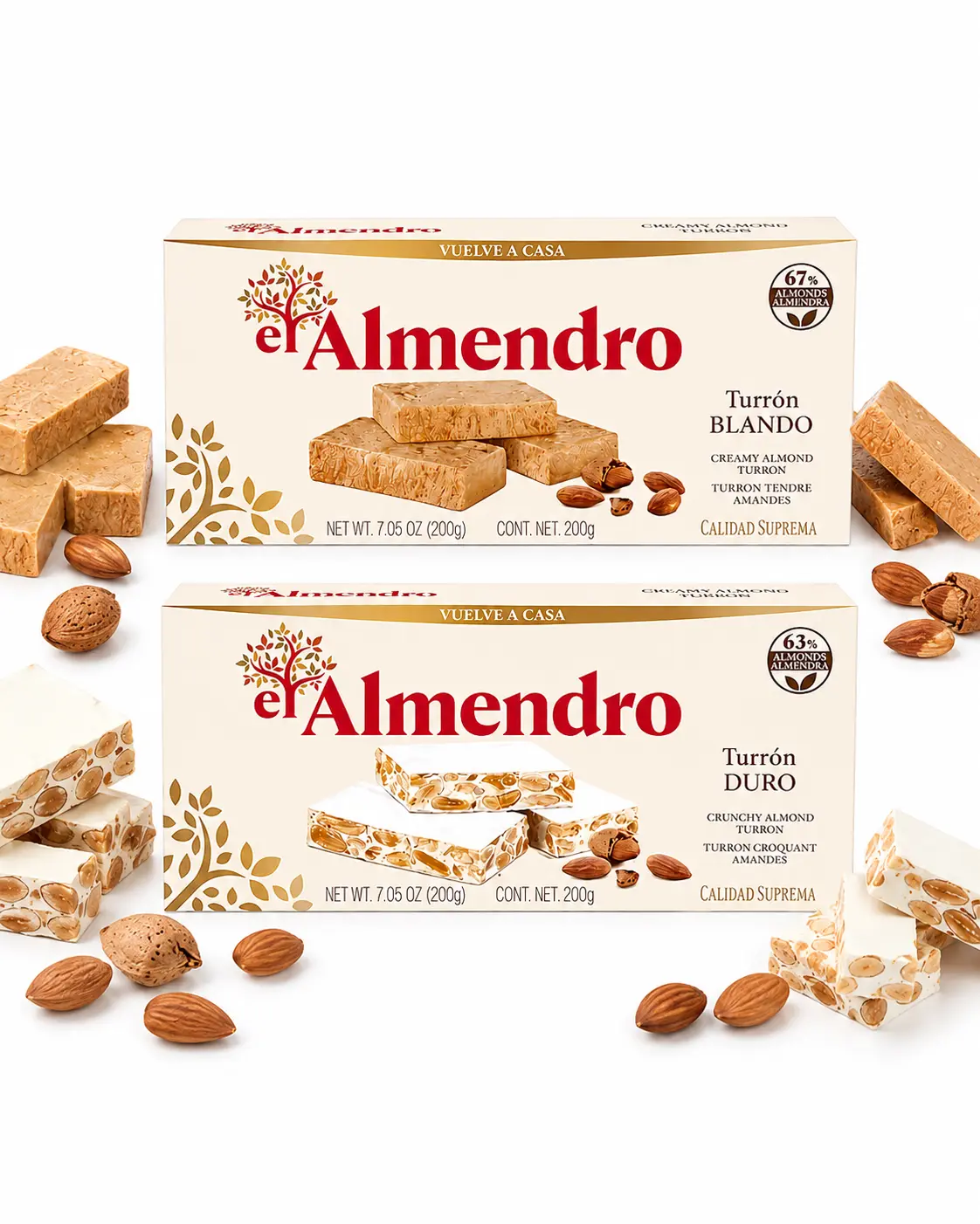 El Almendro Turrones, Turron Duro Nougat Candy | 2 PACK | Crunchy & Creamy Almond Torrone | From Spain | Traditional Spanish Brittle | Dessert | Gluten Free | 2 Boxes | 7oz each