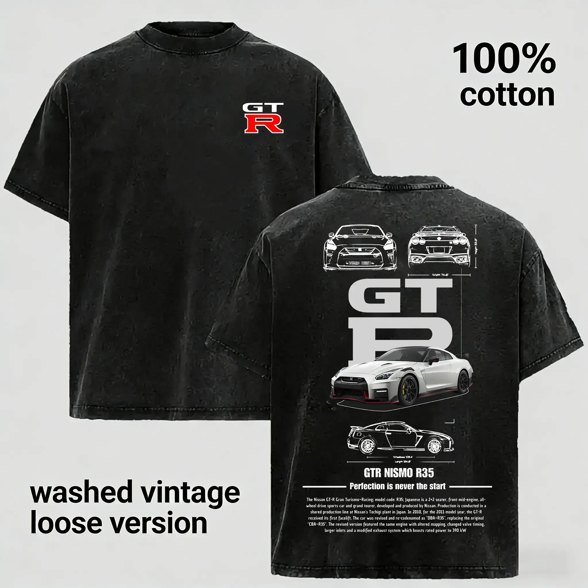 Vintage Washed GTR R35 Graphic T-Shirt | JDM Racing Culture Streetwear | Y2K Unisex Cotton Casual Tee for Men, Women & Couples Relaxed Fit Oversized Crewneck