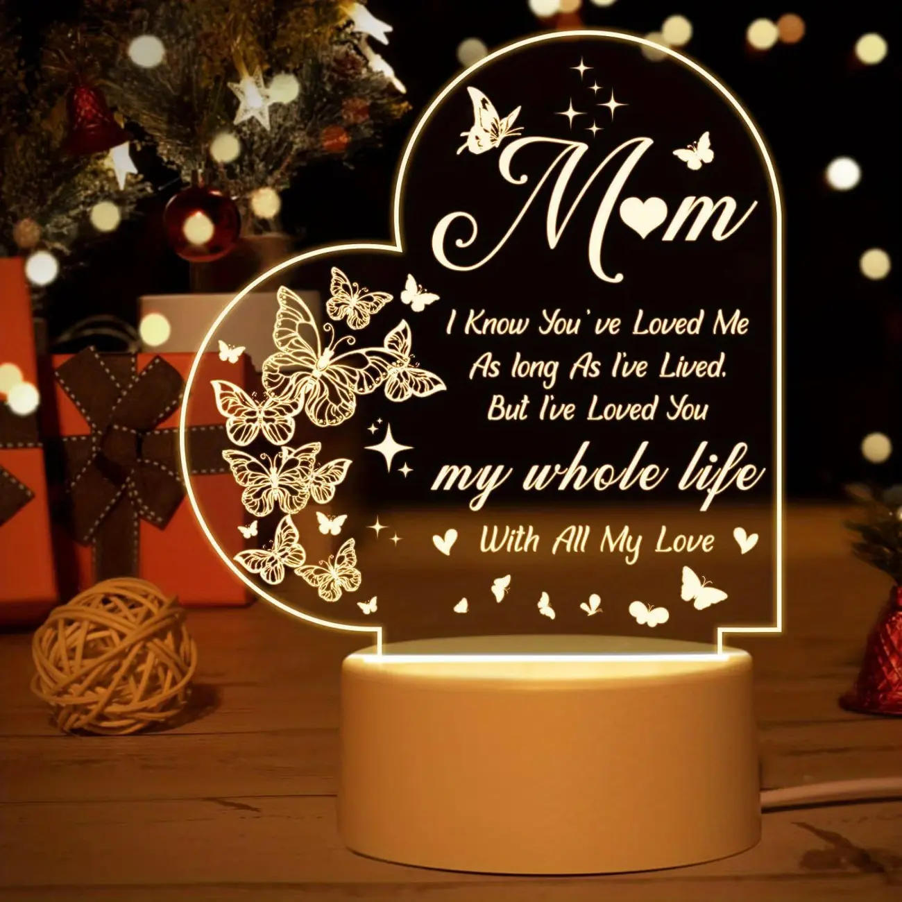 Acrylic Sentimental Heart-Shaped Butterfly Engraved LED Lamp for Mom, 12cm Tall USB-Powered Indoor Desk Lamp with "I Know You Have Loved Me" Quote, Warm Glow Soothes Bedtime, Simple Setup Gets It Ready in Minutes, Mothers' Day Gift for Moms