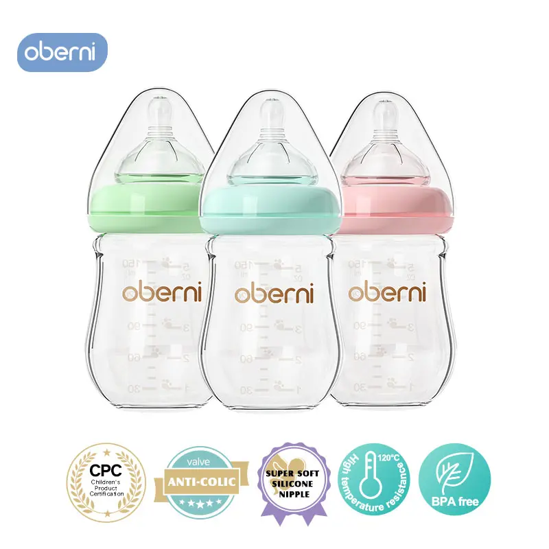 oberni Glass Baby Bottle, 150ml/5oz Anti-Colic & Eco-Friendly, Breastfeeding Bottle for Newborns with Natural Flow Silicone Nipple, Travel & Infant Care, Eco Friendly Bottle,back to school