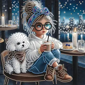 Special Shape Diamond Art Kits for Adults, Cute Little Girl & Dog Nighttime Cafe Scene 5D Diamond Painting Kits for Beginner, Gem Art, Diamond Crystal Rhinestones Painting Kits 11.8x11.8 in