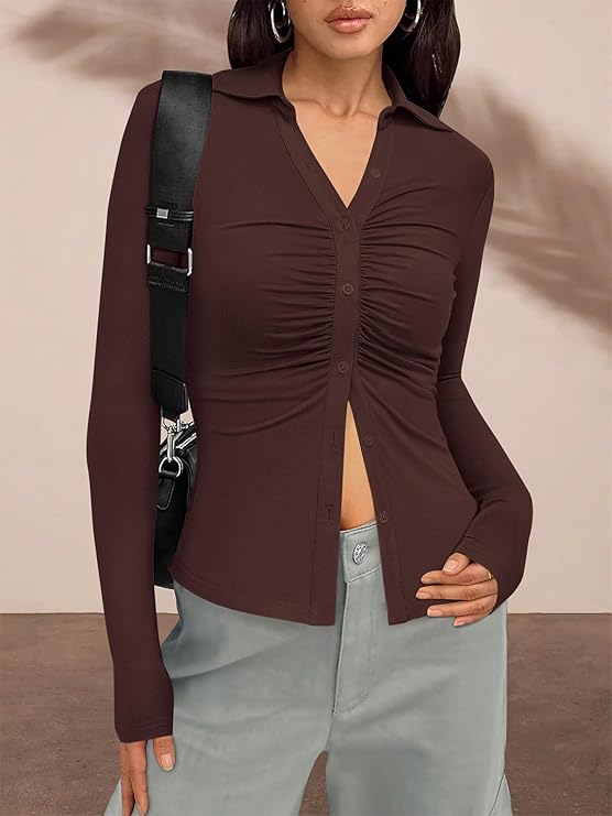 PrettyGarden Womens' Button Down Shirts V Neck Collared Ruched Slim Fit Long Sleeve Shirt Casual Fall Fashion Ladies Tops