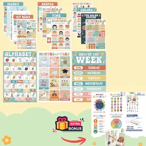 BEAWART 16 Boho Groovy Educational Posters Alphabet ABC World Map Laminated Learning Charts for Classroom Decor Homeschool Wall Decoration Durable Premium Construction