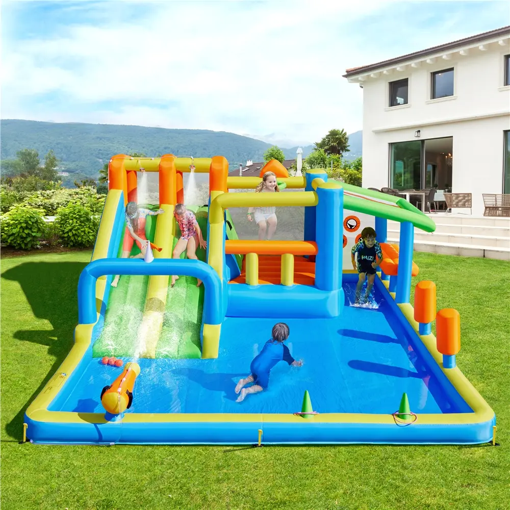 【All Kinds】Yaheetech Cooling Inflatable Water Slide w/ 2 Long Slides & Large Climbing Wall & Small Deeper Pool & Awning for Kids Aged 3 to 10, Outdoor Water Slide w/Storage Bag & 950W Blower