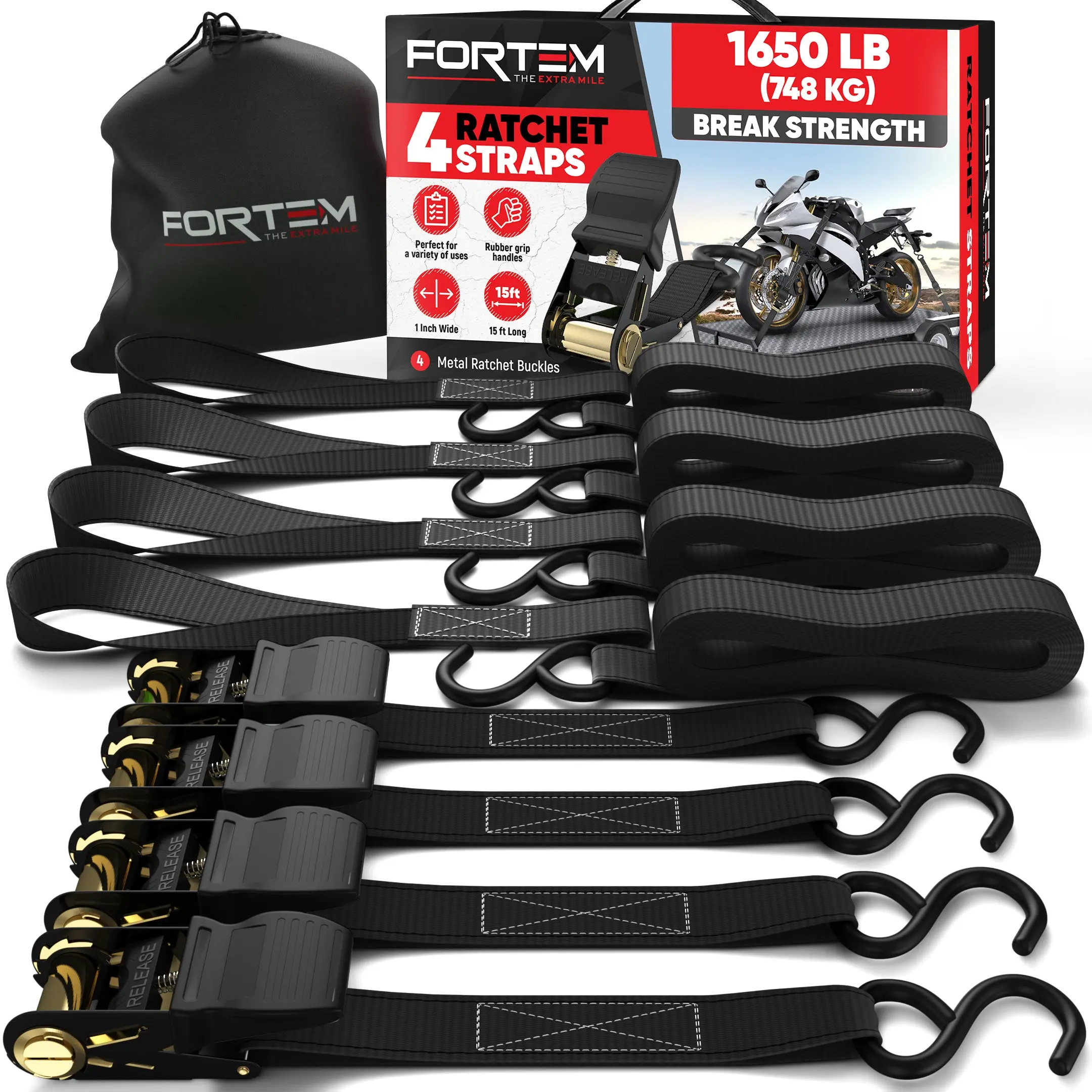 FORTEM Ratchet Straps, 4 Pack 15ft x 1in, 4 Soft Loops, Breaking Strength Moving Straps Tie Downs, Cargo Cam Buckles for Trucks Available in 1650lb or 2300lb Break Strength
