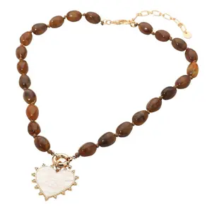 Mother of Pearl Heart Pendant Marbled Resin Oval Beaded Necklace: Brown