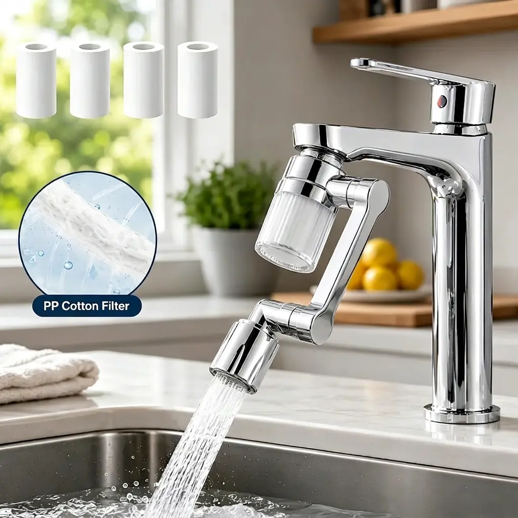 POLARIS 1440° Adjustable Angle Rotatable Faucet Aerator Extension, Pressurized Water Dual Sprayer Mode, All-Angle Control Tap Head Replacement with 4 Cartridges, Universal Adapter Kit for Bathroom Kitchen Hair Washing Eye Care