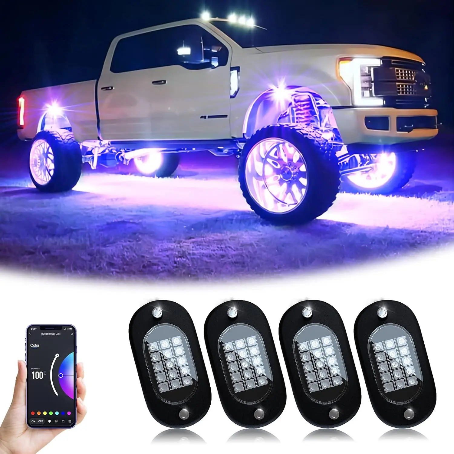 RGB Car Rock Lights Underglow Light Pods (4/6/8/10/12/14), Bluetooth App Control, Multi-Color Music Mode, Waterproof IP68, Fit for Truck, ATV, UTV, RZR, SUV, Wheel Lights, LED Car Lights, Car Ambient Lighting, Car decorative light, Gift for Men