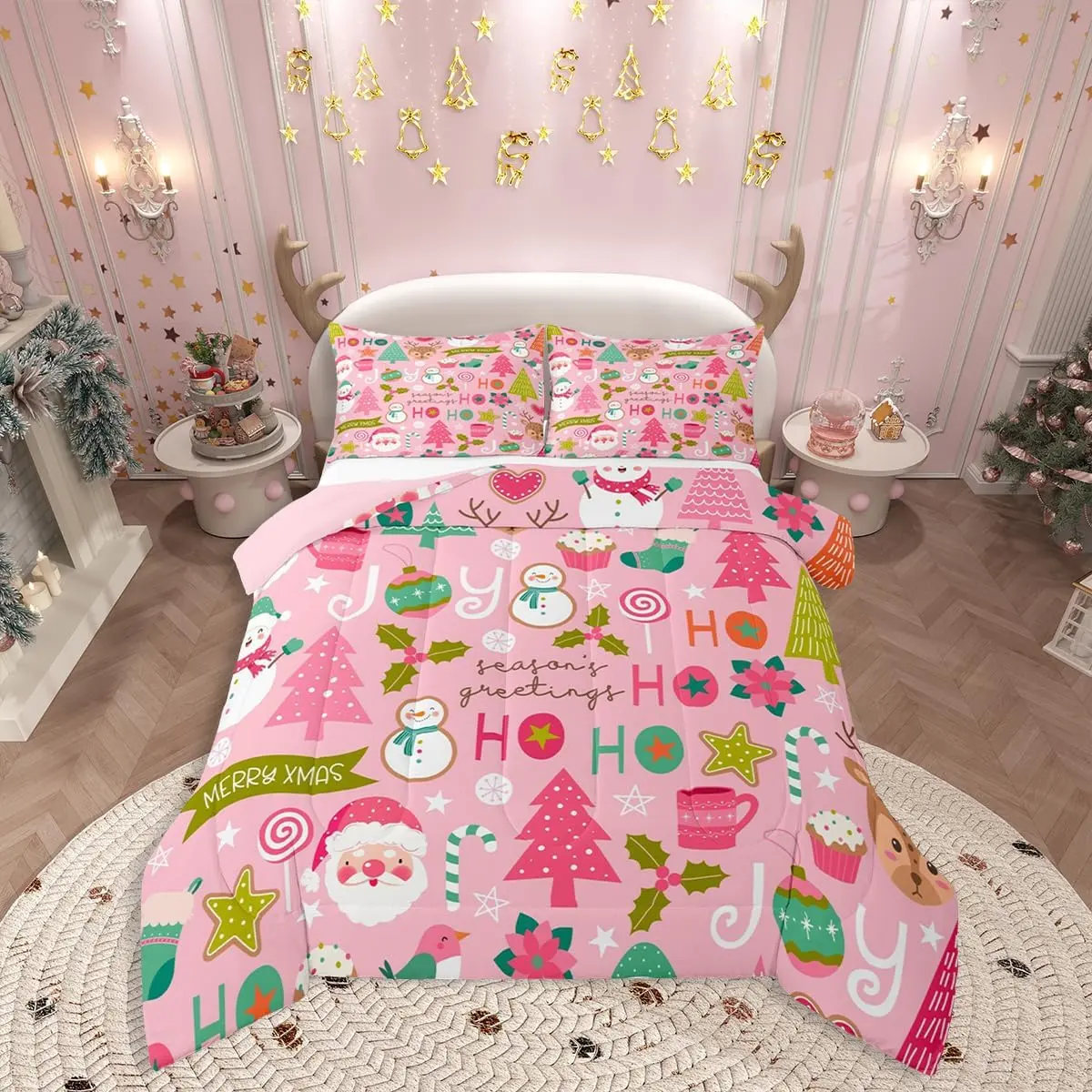 Feelyou Pink Christmas Duvet Comforter Set - Light Weight Blanket, Soft Breathable Bedding with Cute Cartoon Santa, Snowman, Pine Tree, Deer Prints for Kids