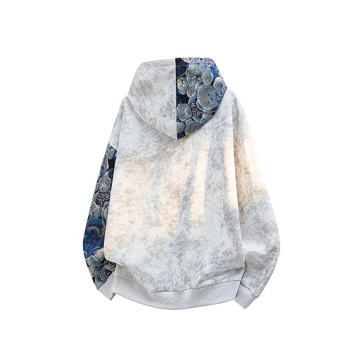 Tie-Dye Embroidered Patchwork Hoodie Men Autumn Winter Trendy Brand Design Loose Fit Jacket, Regular Style, Fleece Lined, Warm Comfortable Soft Mens Long Sleeve Top, Suitable for Casual Daily Wear Travel Outing Pullover Hoodie