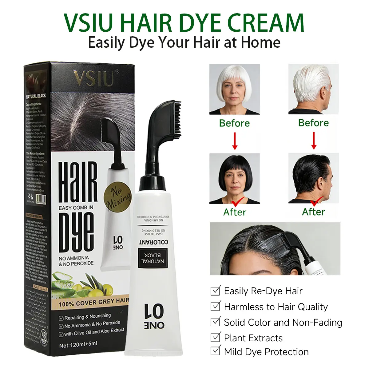 VSIU Hair Dye Comb Enriched with Olive Oil & 10 Natural Plant Extracts Ammonia-Free No Peroxide for Men Women Covers Gray Hair in Dark Brown Black Long Lasting Color with Floral Scent Includes Stain Remover Haircare 120ML+5ML