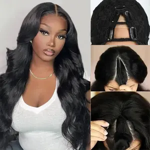 AuvzyHair 24inch V Part Wig Body Wave Glueless Clip In Extensions Thin Part Long Wavy Black Half Wig for Women Synthetic Hair No Leave Out V Part Wigs Beginner Friendly