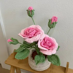 Handmade Crochet Roses Potted Plant, Yarn DIY Finished Artificial Flower Bouquet, Creative Crocheted Homemade Gift, Home Decoration Gift