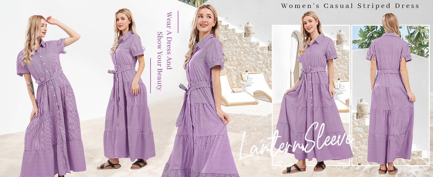 CHARTOU women's summer striped shirt dress casual short sleeve ruffle dress with belt Blue Shortsleeve