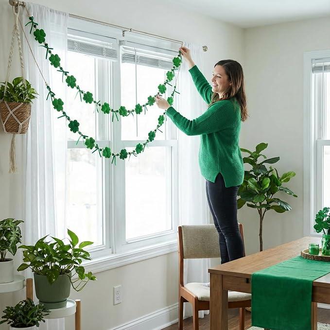 Easter Bunny Garland Banner with Wood Beads for Easter Decor, Rustic Rabbits Hanging Garland for Mantle Fireplace Shelf Wall Display Spring Home Decor, Shamrock Garland for St. Patrick's Day Luck Of The Irish Green Decor, Indoor Party Supplies & Gifts