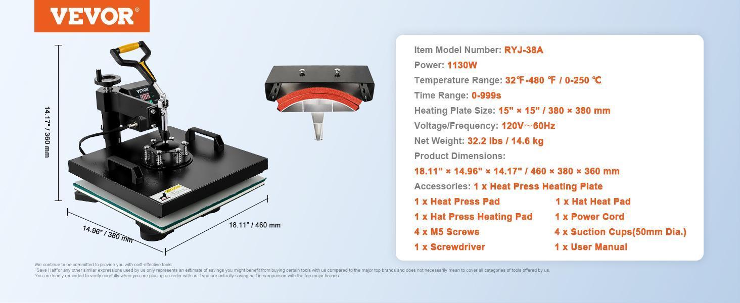 VEVOR 2-in-1 Heat Press Machine with Hat Press, 360° Rotation Flat-Curve Design, Digital Precise Control, Fast Even Heating for Clothing Printing, Fabric Printing, Sublimation, Black VEVOR 2-in-1 Heat Press Machine with Hat Press, 360° Rotation Flat-Curve Design, Digital Precise Control, Fast Even Heating for Clothing Printing, Fabric Printing, Sublimation, Black