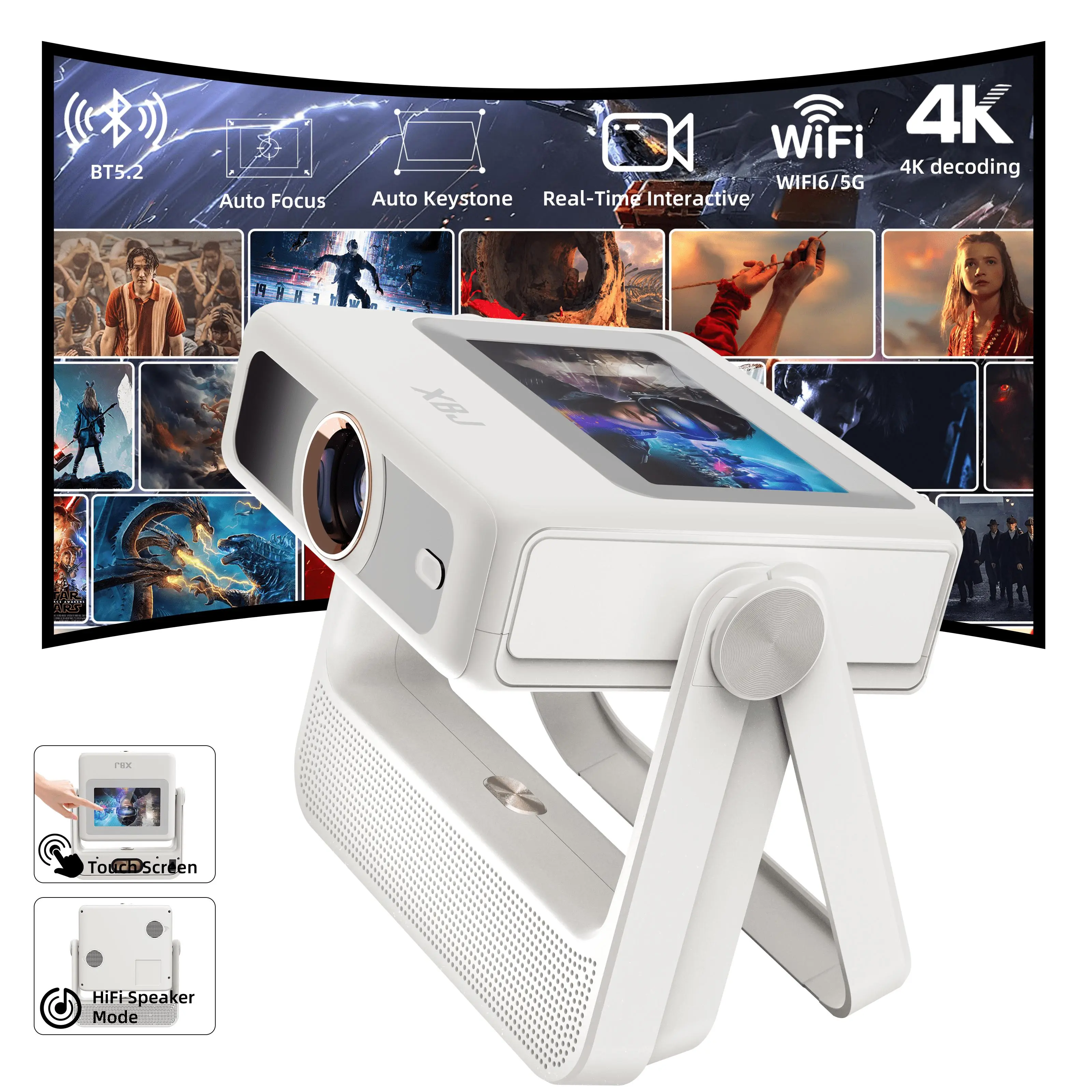 [800ANSI/Google Play Store/Touchscreen Control] 4K Decoding Outdoor Smart Projector with WiFi6 and Bluetooth, Multiple Apps, Portable Projector, XBJ 1280P Audio, Mobile Movie Home Use [300-inch Display]