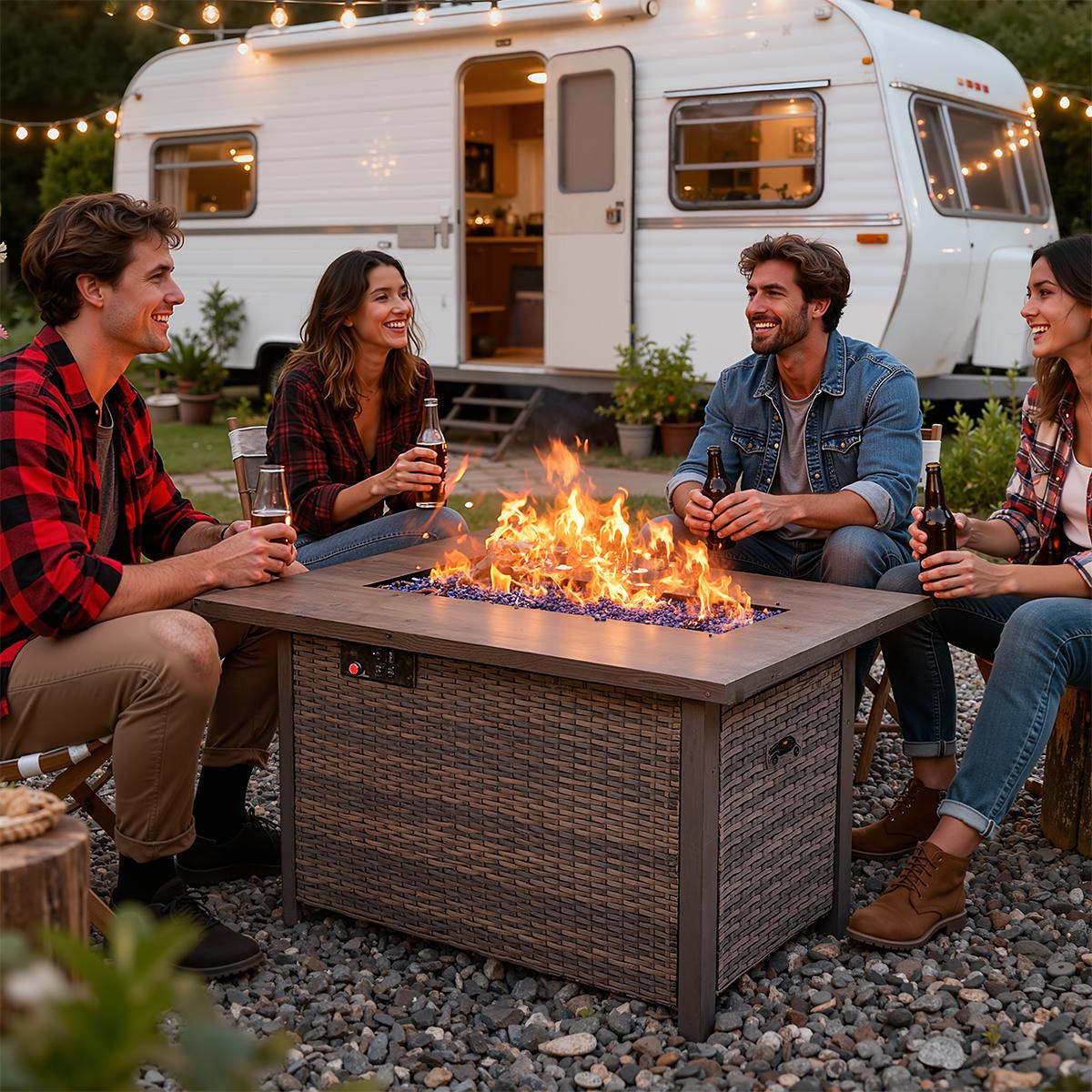 Grezone 42" Propane Fire Pit,Outdoor Wicker Fire Pit Tables Rectangular Tabletop,50000 BTU w/CSA-Certified,Backard Heavy Duty Firepit Modern Patio Fire Pit