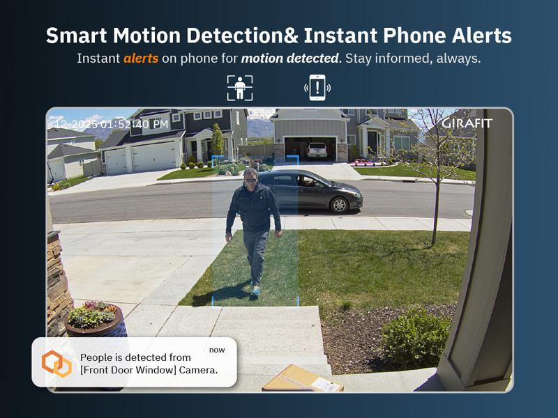 Girafit 2K Second Floor Window Camera, ChroMax AI Color Night Vision, 2.4GHz & 5GHz Wi-Fi Indoor Security Cameras, Person & Motion Detection, 24/7 Recording, Easy & Quick Install, MicroSD Card Local Monitoring