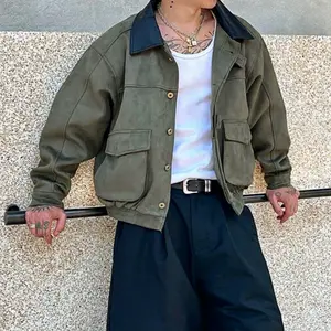 Color-block workwear jacket with a leather collar in an American high-street bad boy style—cropped length featuring leather paneling, 3D pockets, suede fabric, and reinforced stitching. It has a soft yet durable feel and is perfect for layering, suitable