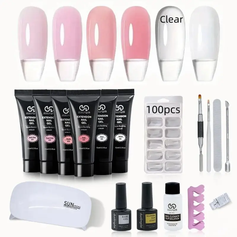 Professional Poly Gel Nail Kit, 1 Set 6 Colors Poly Nail Gel Kit with Uv Lamp, Complete Nail Extension Poly Gel Kit for Beginners, Gift for Women, Poly Gel Polish Kit Gel Extension Kit Nail Supplies Nail Equipment Nail Kit for Beginners, Christmas Gift