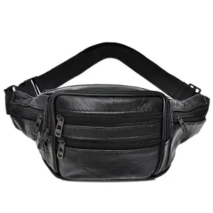 Black Leather Fanny Pack for Men & Women, Fashionable Multi-Pockets Waist Belt Bag for Travel Sports Hiking Cycling Fishing Running