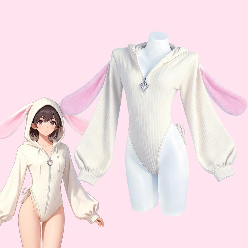 Cute Cosplay Sexy Bunny Outfit Cosplay lingerie for Anime women Costumes,Christmas with Fuzzy Ears & Bodysuit Knitted Rabbit Piece Long Sleeve Jumpsuit Style Soft