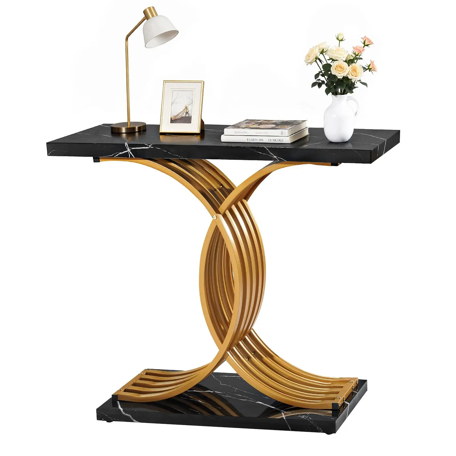VEVOR 39 in Gold Console Table - Modern Narrow Wood Rectangle Study Desk with 1.5" Sturdy Board, Rust-Safe Metal Legs, Slim Profile, Easy Assembly, Apartment Furniture, Fits Long Hallways, Outlet, Keys+Earbuds Spot#SohoChic