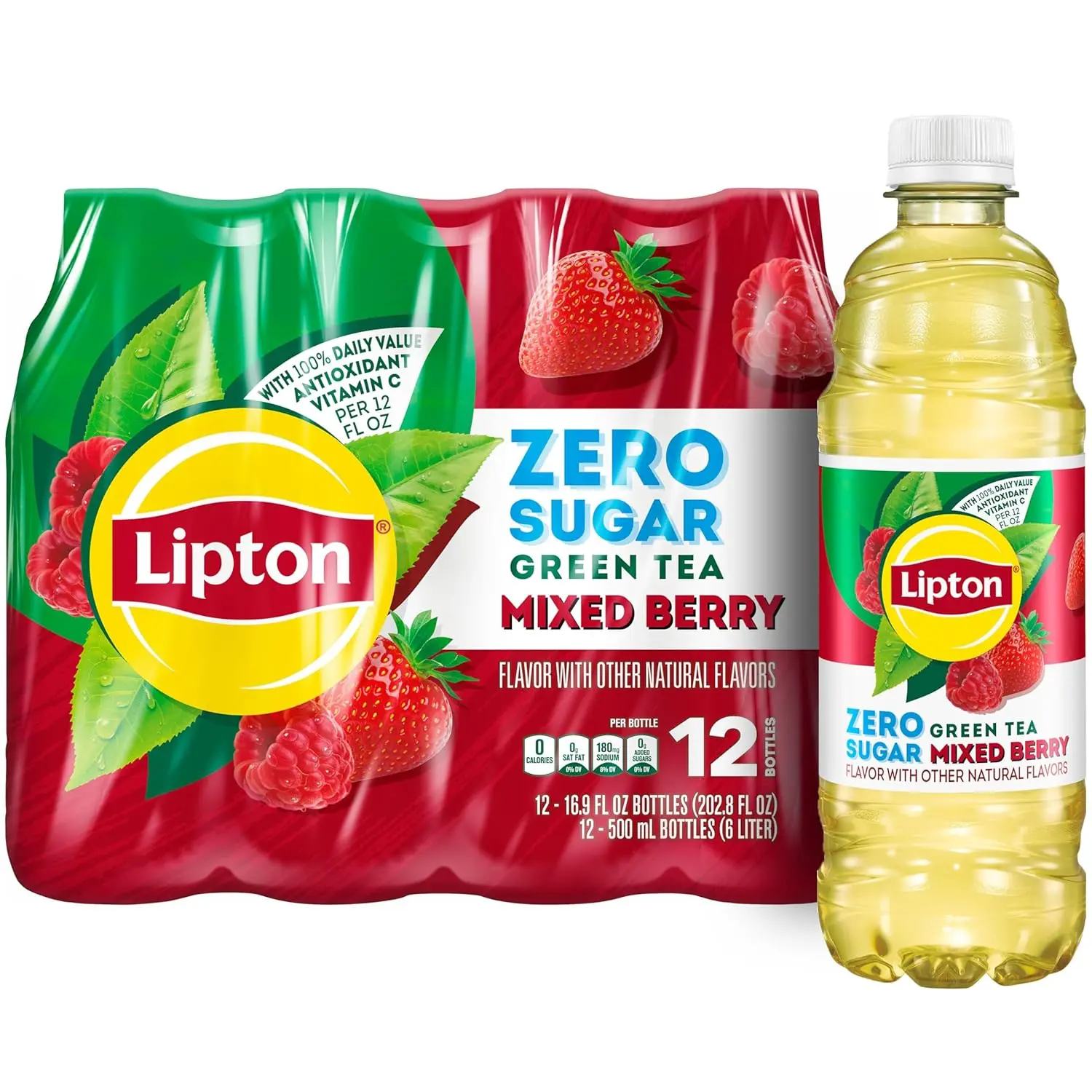 Lipton Sugar-Free Mixed Berry Green Tea Iced Beverage - 16.9 fl oz Ambient Bottles, 12-Pack, 100% DV Vitamin C, PepsiCo Product