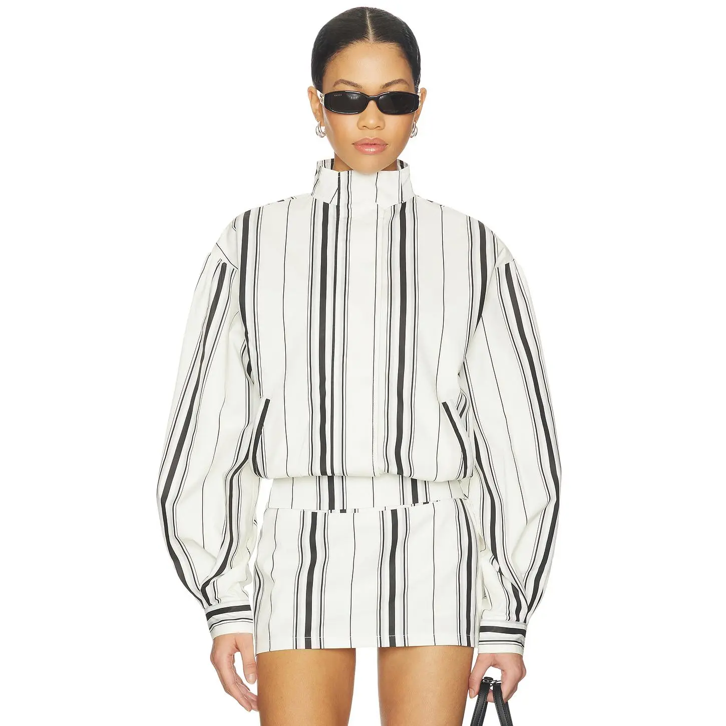 Women's Yellow The Label Stacy Cotton Boxy Jacket - Cream Striped, Cotton Fabric, Button Closure, Elastic Accents, Functional Pockets, Stylish Design