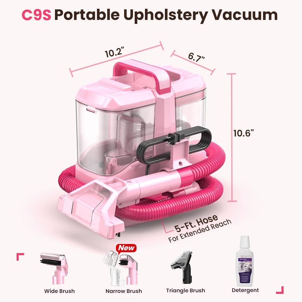 [Springglowup] Upholstery Carpet Vacuum Cleaner, 18KPa Suction Spot Cleaning Machine for Pet Stains, Carpets, Sofa, Car Seats, Mattress, with 3 Multipurpose Cleaning Tools, 6'' Deep Cleaning Brush | Portable 3-in-1 Little Pink C9S