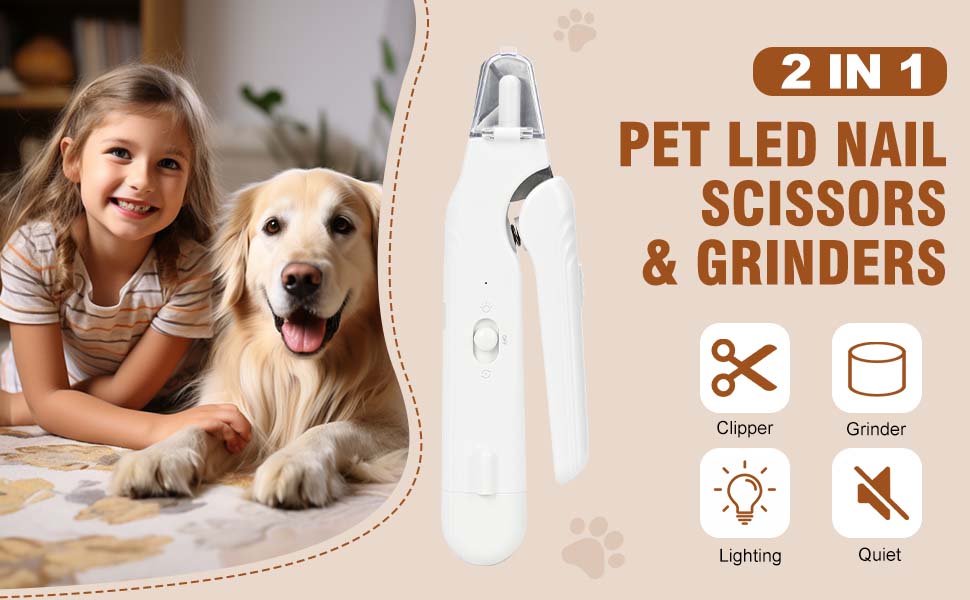 2-in-1 pet nail clipper and grinder, dog nail clipper trimmer, ultra quiet electric nail set, rechargeable, suitable for trimming toes and claws of dogs and cats of all sizes