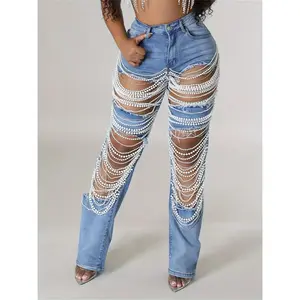 [Mid-Rise Distressed Ripped Jeans] Straight Leg Jeans for Women Mid-Rise Distressed Ripped Hole Pearl Chain  Denim Pants Casual Fit Womenswear Bottom Trouser Streetwear Comfort Fabric