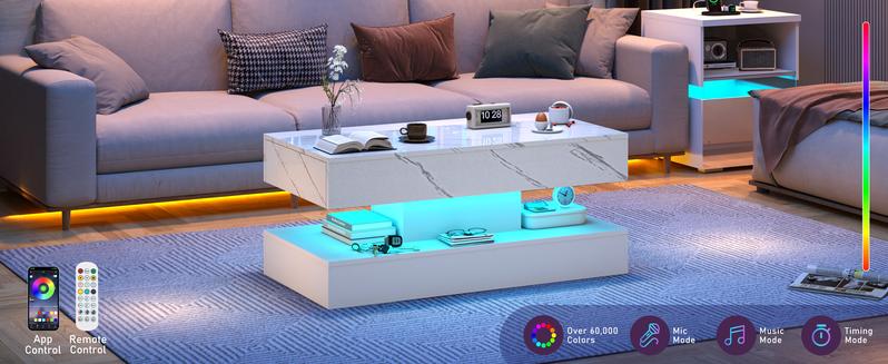 47.3" High Glossy LED Coffee Table with 2 Sliding Storage Drawers Living Room Coffee Table w APP Control LED Lights Modern Double Layer Center Tables Large Furniture Home Decor Lounge