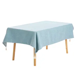 REGALWOVEN 1 Pack Rectangle Tablecloth with Tassels, Wrinkle Resistant Washable Cotton Linen for Dinner Table, Indoor and Outdoor Use 47x67inch Light Blue