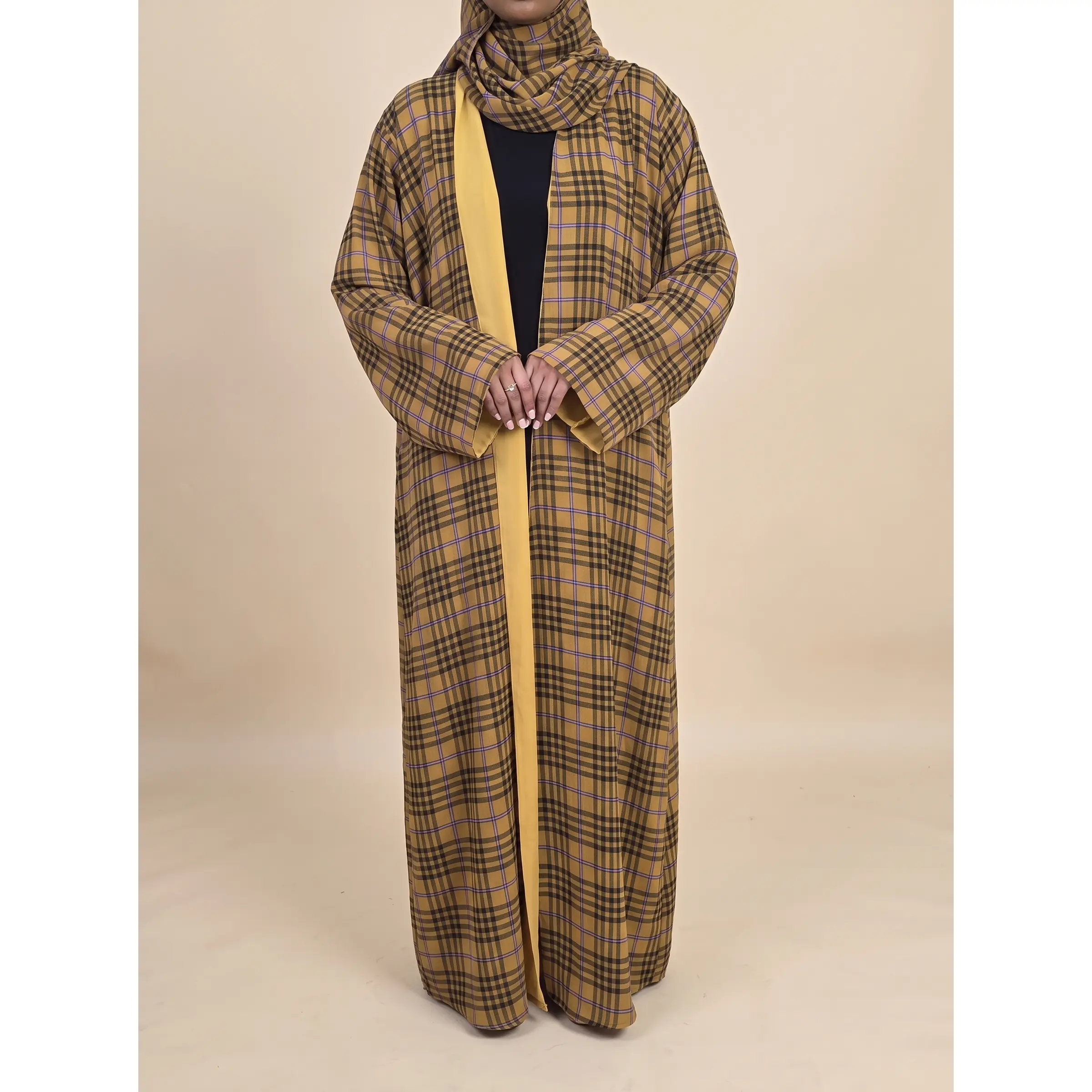 Saffron Grid Plaid Double Chiffon Open Abaya Set