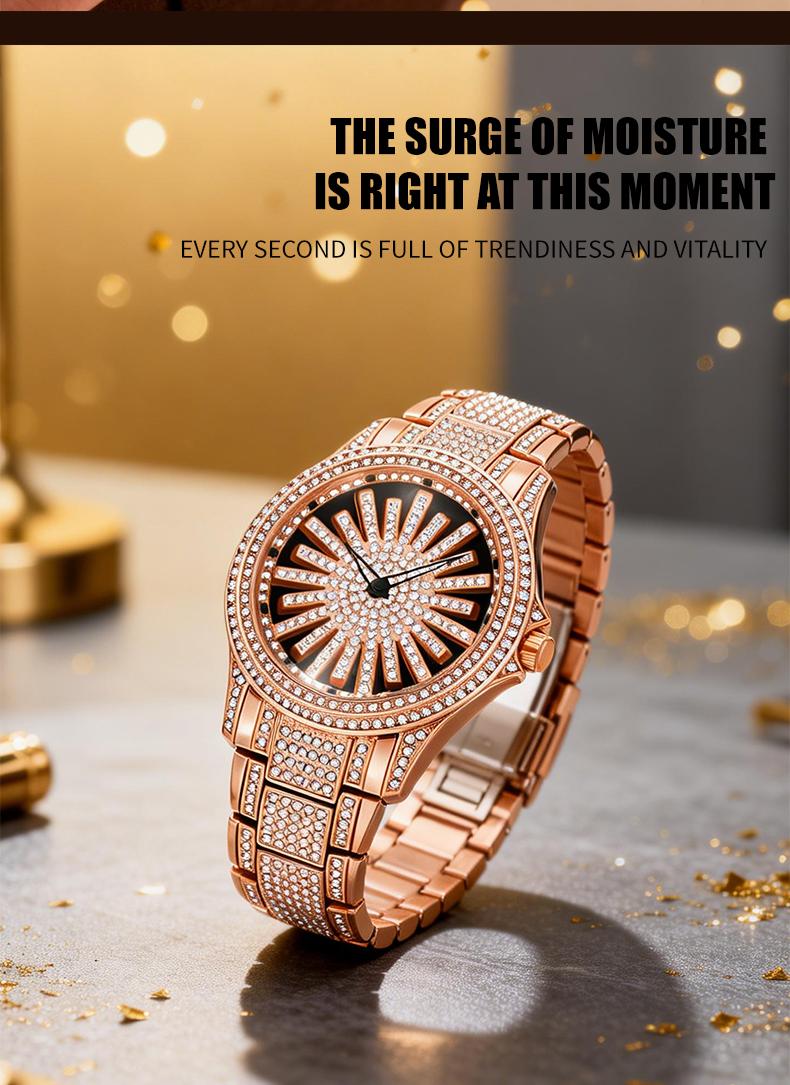 Men's Diamond - Encrusted Gold Watch, Business Quartz Chronograph with RotatingDiamond Dial, Sparkling Effect, WaterResistant, Party Daily Wear Birthday Gift (With Box)