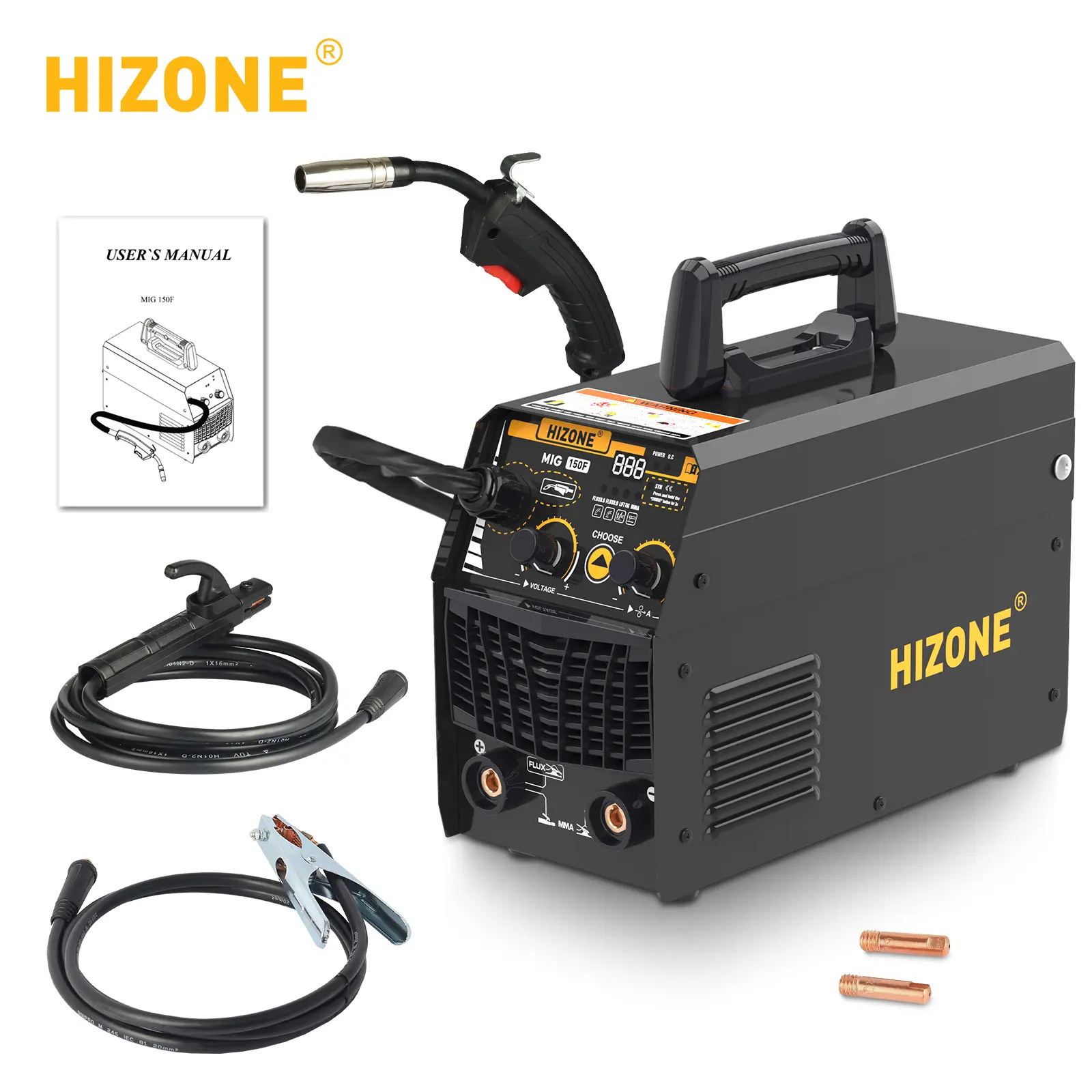 HIZONE 3-in-1 MIG Welder, 110V Gasless Flux Core/Lift TIG/MMA Stick Welder, Portable IGBT Inverter Multi-Process Machine with Digital Display & Complete Torch Kit for DIY, Home Repair, Welding